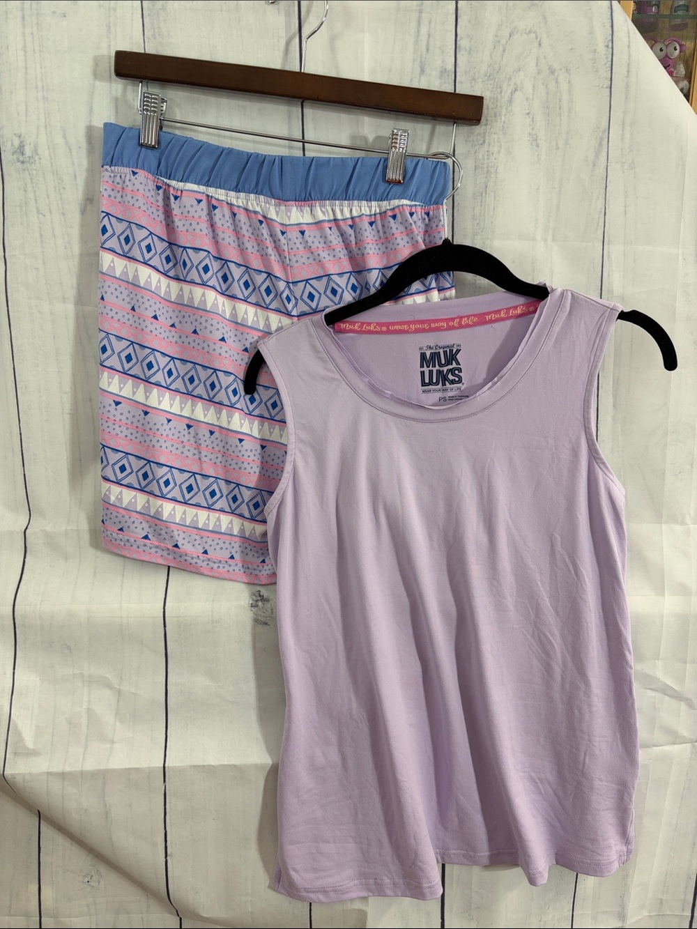 Muk Luks Lavender Tank with Pink & Blue Patterned Sleep Shorts